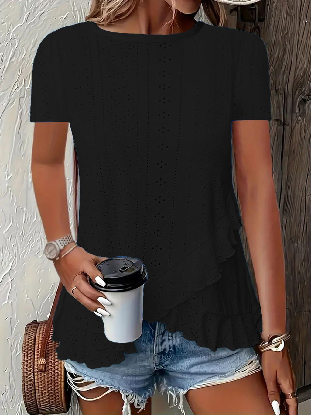 Summer New Women's Fashion Plus-Size Asymmetrical Ruffled Hem Short-Sleeve Top