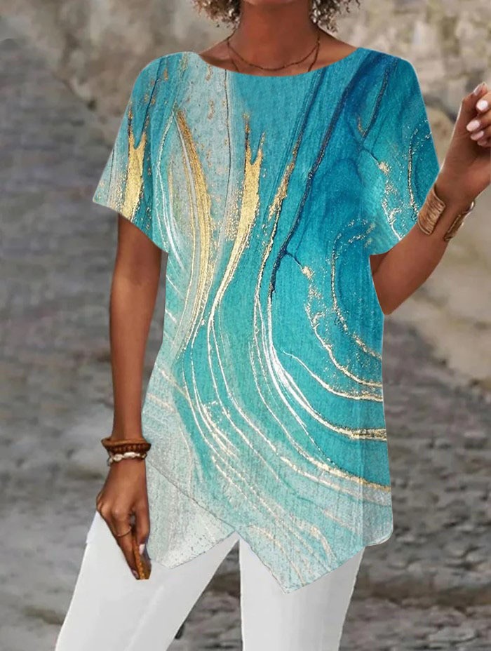2026 European And American Summer Cross-border New Style Geometric Print Loose Short-sleeved T-shirt With Asymmetrical Hem