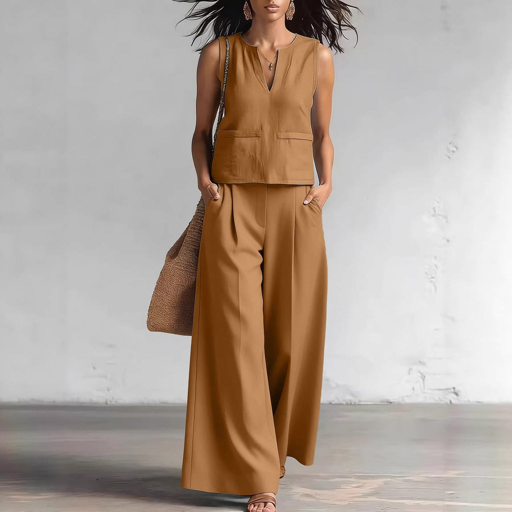 Solid-color Elegant Two-piece Set Crew-neck Vest And Wide-leg Pants
